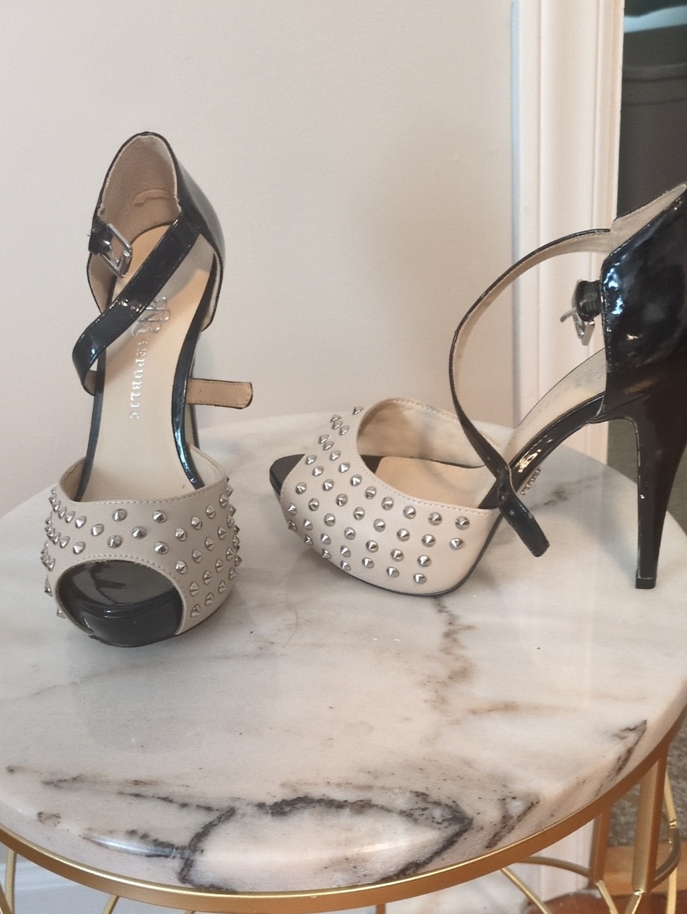 Rock & Republic Black Patent and Cream Studded Peep-Toe Heels